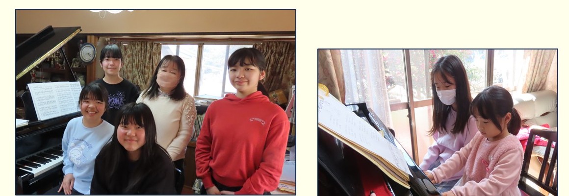 グランドピアノの前で笑顔の生徒たちとレッスン風景